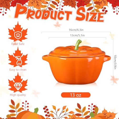 Ziliny 2 Pcs Ceramic Pumpkin Bowls with Lids, 13 oz Oven Safe Ramekins
