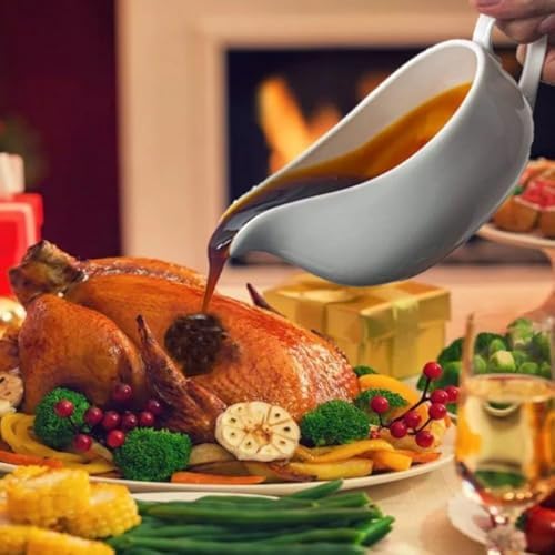 Qlans Gravy Boat With Ladle and Saucer 17 Oz,White Ceramic Sauce Boat