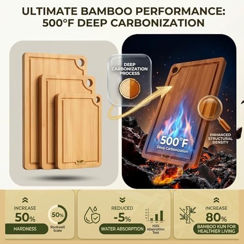 Bamboo Cutting Board Set of 3 with Juice Grooves, Built-in Handles &