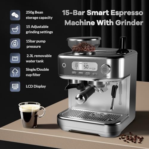 15 Bar Stainless Steel Espresso Machine with Grinder
