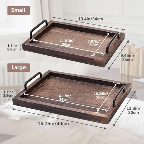 Lightweight Wood Serving Trays with Metal Handles, Set of 2 Nesting