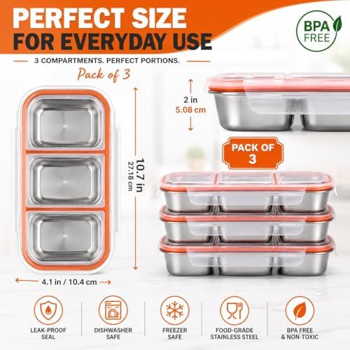 Stainless Steel Snack Containers with Lids, 3 Compartment Leakproof