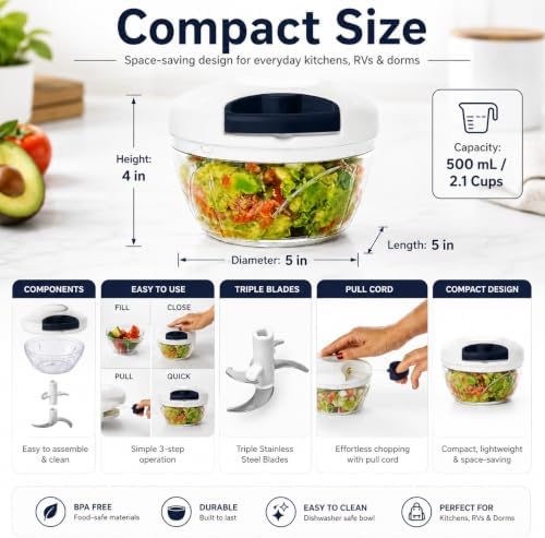 Pull String Food Chopper, 500 mL Manual Vegetable Cutter
