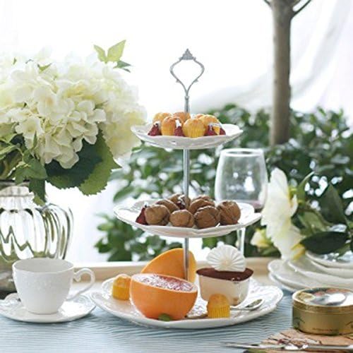 Jusalpha 3 Tier White Porcelain Cake Stand, Cupcake Stand with Silver