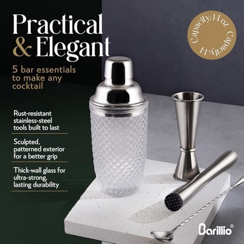 Barillio Glass Cocktail Shaker Set | 14 oz Cobbler Mixer with Bar