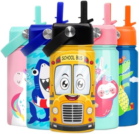 School Bus Water Bottle - Kids Water Bottle with Straw Lid - 12 Oz