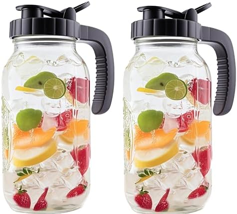 2 Quart Glass Mason Jar Pitcher With Lid 2 Set 64 Oz Wide Mouth Cold