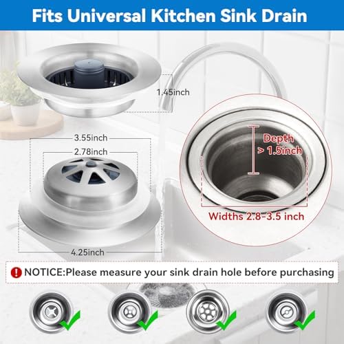 3-in-1 Kitchen Sink Drain Strainer, Stainless Steel Pop Up Kitchen