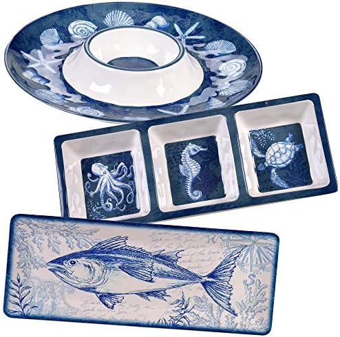 Oceanic 3-Piece Melamine Hostess Set – Includes Chip & Dip Server