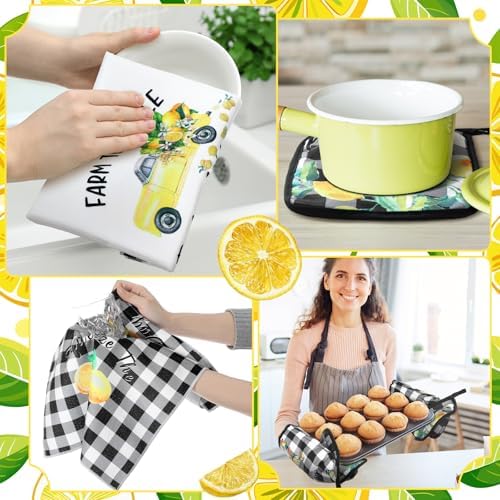 Fourluoo 10 Pcs Lemon Kitchen Decor Set Black Plaid Yellow Lemon