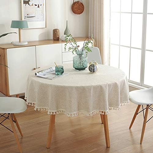 AMZALI Cotton Linen Fabric Tassel Round Tablecloth Dust-Proof Table