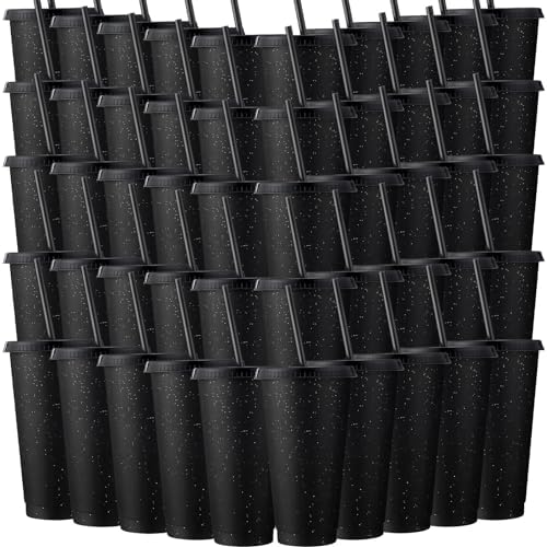 Honeydak 60 Pack Plastic Tumbler with Straw and Lid Bulk, Black