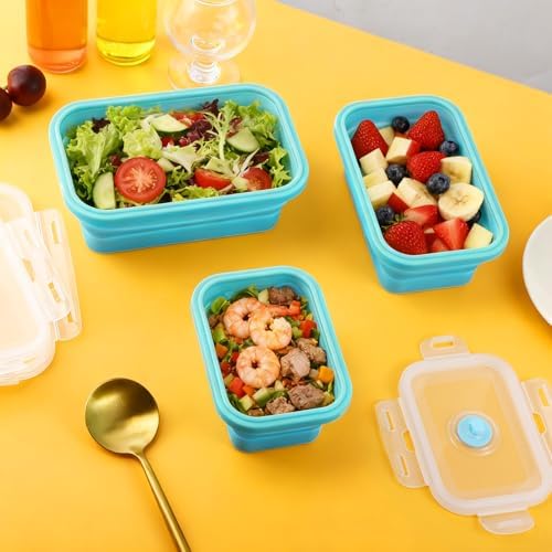 3 Pack Collapsible Silicone Food Storage Containers with Lids, Blue