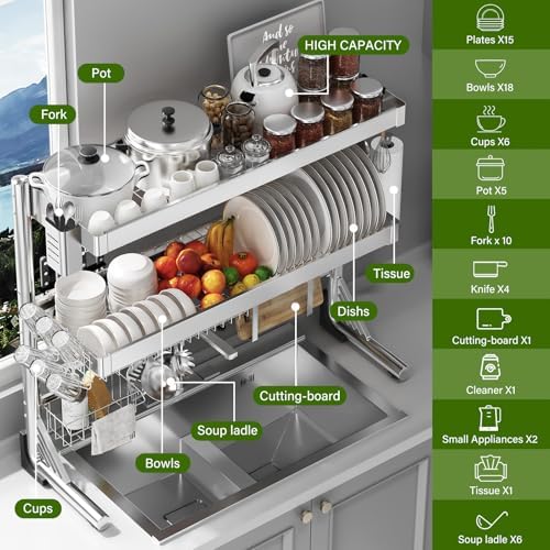 3-Tier Adjustable Stainless Steel Over-the-Sink Dish Rack