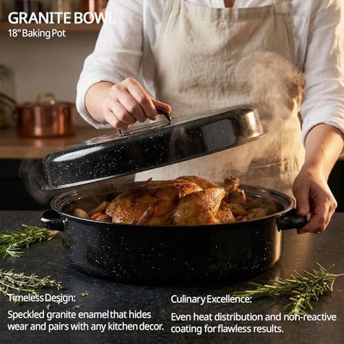 Turkey Roasting Pan With Lid 18in Enamel Carbon Steel Roaster Pot, Broiler Pan Great-for Roasted Turkey Chicken Baking Bread18 Pound Large Capacity High Temperature Resistance Oval Cookware