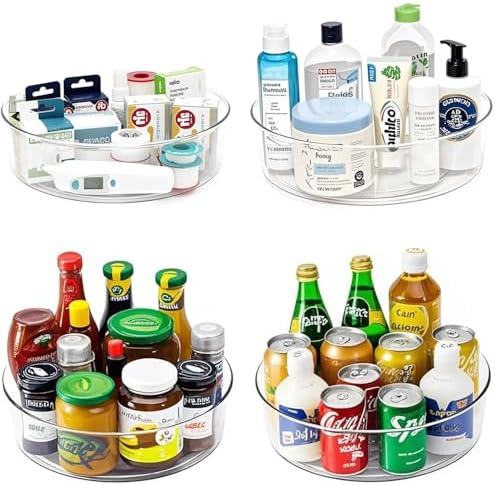 4 Pack Lazy Susan 11.5" Inch Turntable Organizer Organization Storage Container Bins Spice Rack Cabinet Rotating Condiment for Pantry Countertop Kitchen Vanity Bathroom Jewelry Holder Clear