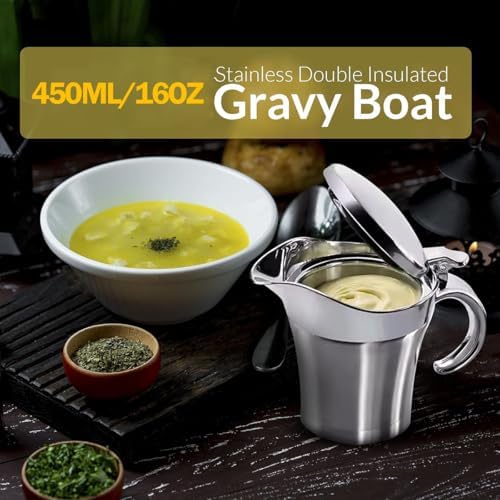 Stainless Steel Insulated Gravy Boat with Lid – 450ML/16OZ Double