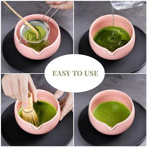 YIBO Matcha Whisk Set Pink, Handcrafted Bamboo Chasen & Ceramic Bowl