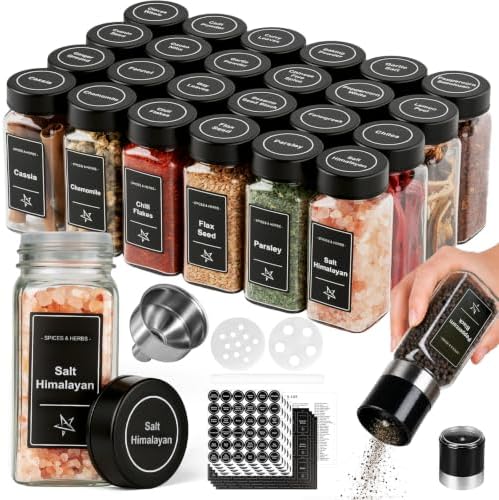 Glass Spice Jars with Grinder Lid 24 Pack 4 oz Black Stainless