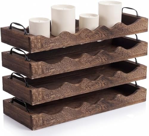 4 Pcs Scalloped Rustic Wooden Serving Trays with Handle, Brown