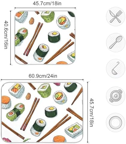 OTVEE Whimsical Sushi Print Dish Drying Mat for Kitchen Counter