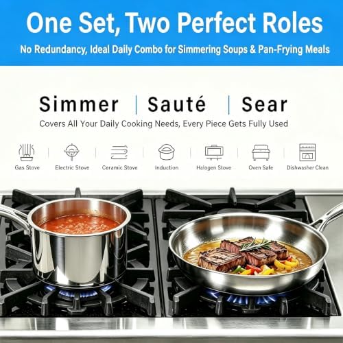 Stainless Steel Pots and Pans Set,12" Tri-Ply Frying Pan with Lid(25% Thicker–Warp Resistant) 2QT Saucepan,Even Heat PFOA-Free & PTFE-Free,Oven & Dishwasher Safe,Induction Compatible