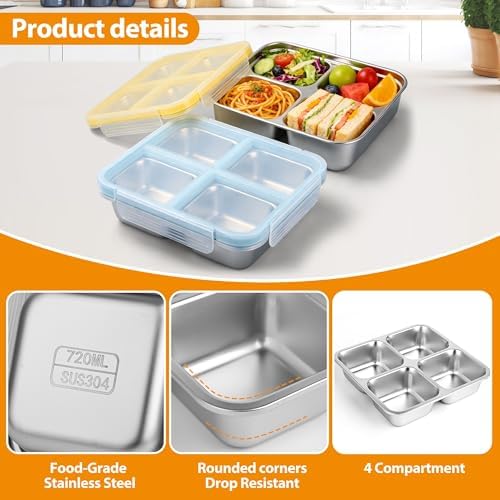 4 Pack Stainless Steel Snack Containers with Lids, 4-Compartment