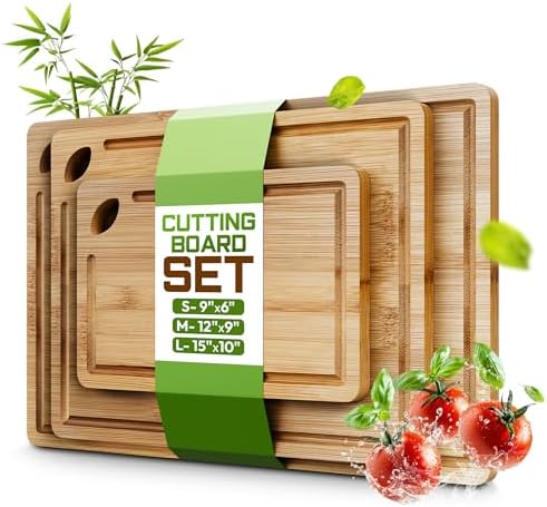 Bamboo Cutting Board Set of 3 (15x10, 12x9, 9x6) – Extra-Thick, Deep
