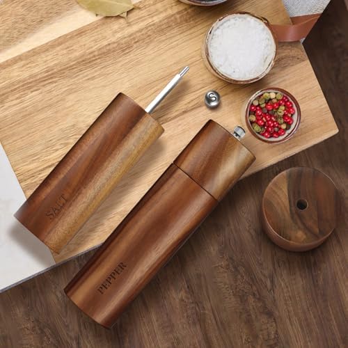 Acacia Wood Salt and Pepper Grinder Set with Base