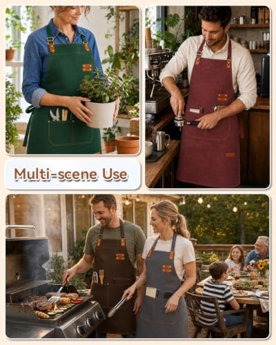 Teskyer Canvas Kitchen Apron with 4 Pockets, Brown