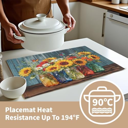 Spring Summer Sunflower Placemats Set of 4, 12x18 Inch Rustic Vintage