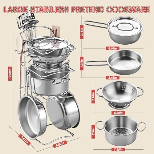 Shimirth Play Kitchen Accessories, Large Stainless Steel Kids Cooking