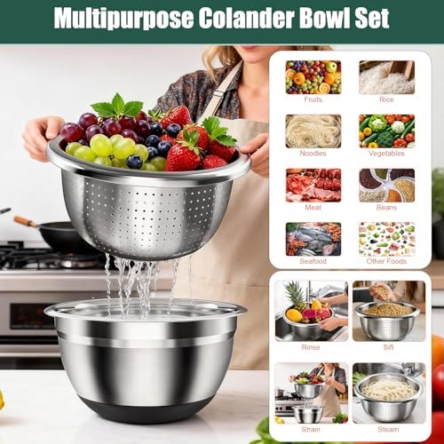Stainless Steel Mixing Bowls Set with Lids & Silicone Base,7‐Piece Set
