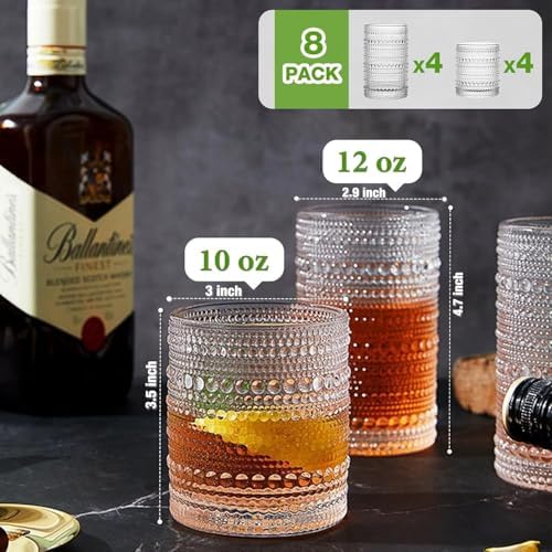 Hlukana Vintage Hobnail Drinking Glasses Set of 8, 12 oz Highball