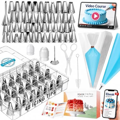 RFAQK 74PCs Icing Piping Bags and Tips Set, Cake Decorating Kit with