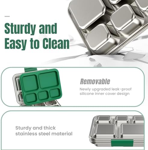 Stainless Steel Bento Lunch Box, 5 Compartments (Green)