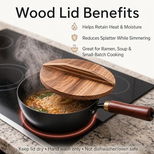 7.8-Inch Small Carbon Steel Wok with Wooden Lid, 1.6QT