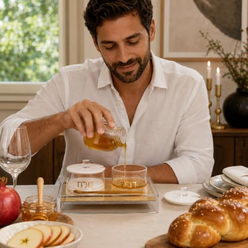 Khen Rosh Hashanah Honey And Salt Dish Set Lids Spoon Clear Acrylic