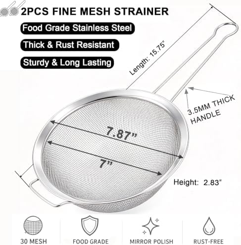 Fine Mesh Strainer Set with Sturdy Handle, Stainless Steel, 7.87"x2