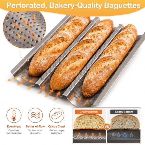 Baguette Bread Pan, Nonstick French Bread Baking Pan 3 Loaf, Golden
