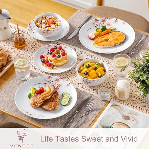 VEWEET Porcelain Dinnerware Sets for 4, 12 Piece Pink Plates Bowls