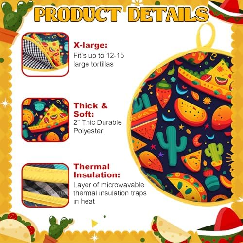 LemonRoad 3 Pcs 12 Inch Tortilla Warmer Pouch with 4 Taco Holder