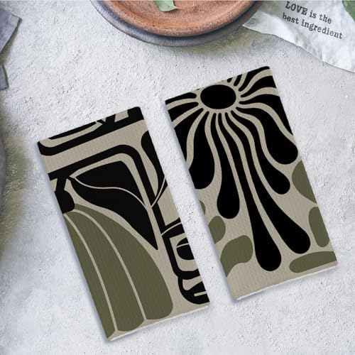 Sage Green Groovy 70s Retro Kitchen Towels Set of 2 - Boho Floral Dish