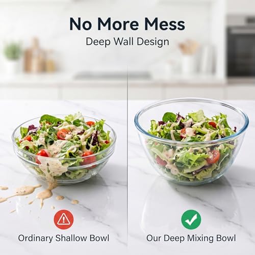 Glass Bowl Set of 3, Deep Sided Salad & Mixing Bowls,Stackable