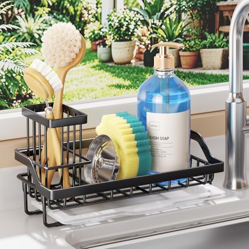 SWTYMIKI Sink Caddy Sponge Holder, Stainless Steel, Black