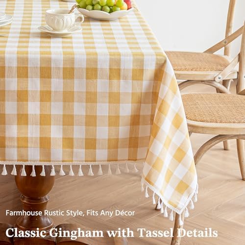 Alsoo Yellow Gingham Tablecloth Rectangle, Picnic Cotton Linen Fabric