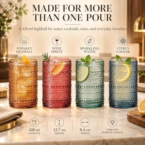 Khen Hobnail Beaded Highball Drinking Tumbler Glasses | Set of 4