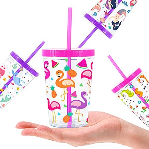 16oz Kids Tumbler Water Drinking Cup 4 Pack - BPA Free, Straw Lid Cup