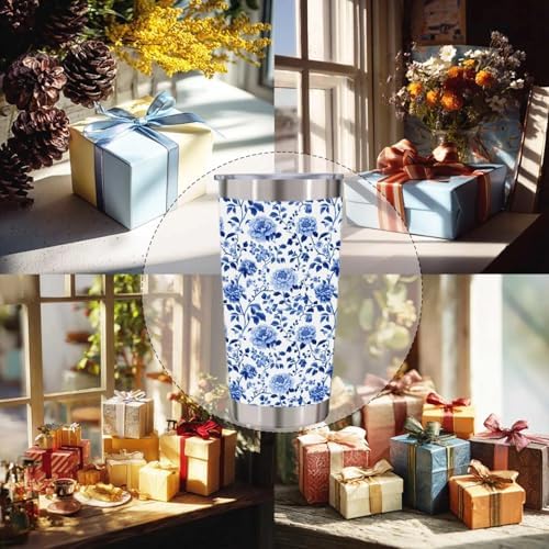 Blue and White Chinoiserie Floral Tumbler 20 oz, Peony Insulated