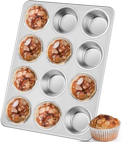 Leonyo Non-Toxic Stainless Steel Muffin Pan Metal Cupcake Pan 12 Cup
